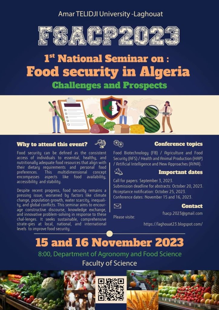 1ère Conférence Nationale sur la Sécurité Alimentaire en Algérie, Enjeux et Perspectives, 15-16 Novembre 2023